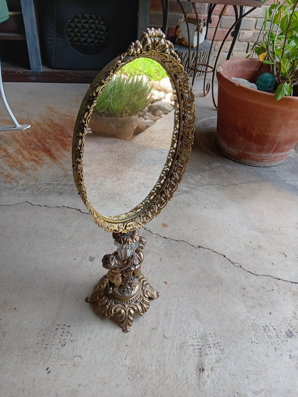 Vintage Ornate Victorian Cherub Brass Vanity Mirror 21